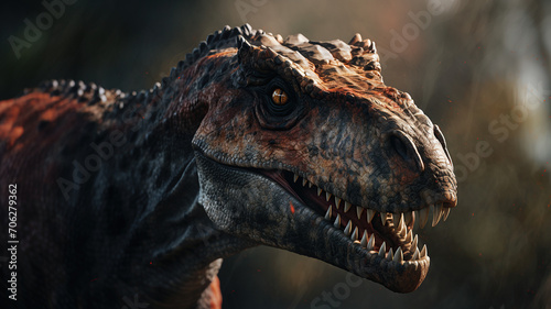 close up horizontal image of a T-rex dinosaur AI generated