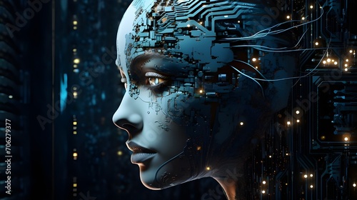 Artificial intelligence humanoid robot head portrait digital matrix 