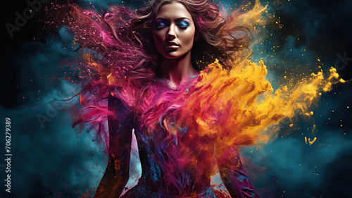 horizontal image of a beautiful young lady splashed with colourful powders AI generated