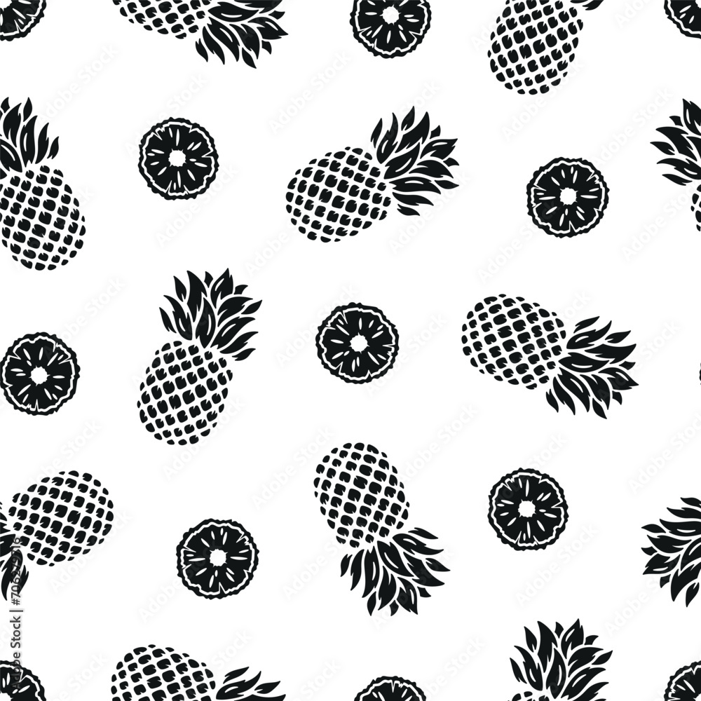 Pineapples Seamless Black and White Pattern. Floral Summer Background with Pineapple Tropical Fruit, Slices and Leaves. Vector Illustration Pineapples Seamless Black and White Pattern. Floral Summer Background with Pineapple Tropical Fruit, Slices and Leaves. Vector Illustration