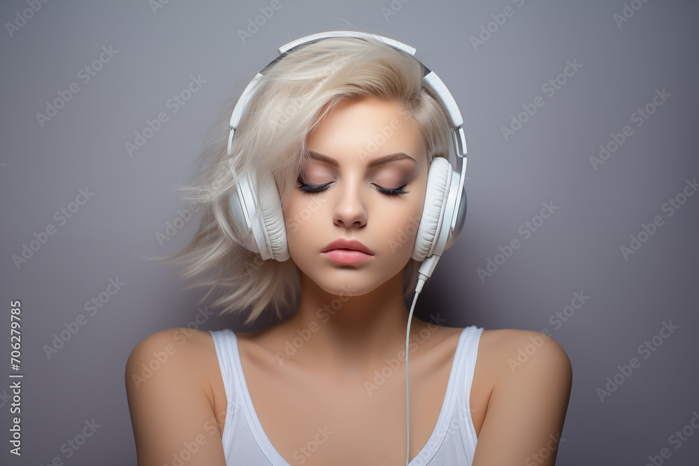 Beautiful Angelic Girl in White, wearing White Luxury Headphones, Enjoying Music in a Dreamy High-Key Studio Composition Beautiful Angelic Girl in White, wearing White Luxury Headphones, Enjoying Music in a Dreamy High-Key Studio Composition