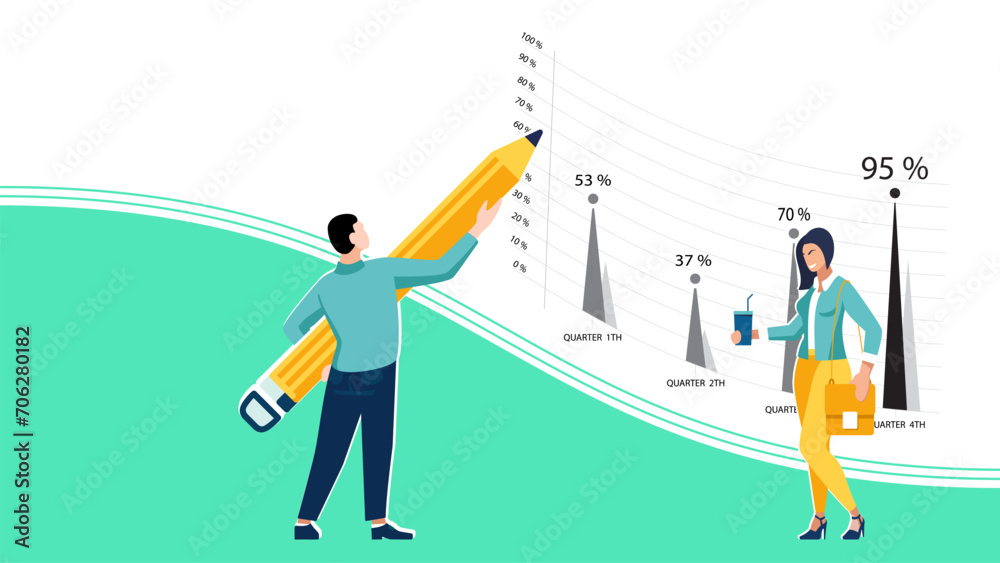 Man and woman draw chart about the financial development business, person. Infographics header banner. Launch, work. White background. Business presentations, banner template. Flat style vector design Man and woman draw chart about the financial development business, person. Infographics header banner. Launch, work. White background. Business presentations, banner template. Flat style vector design