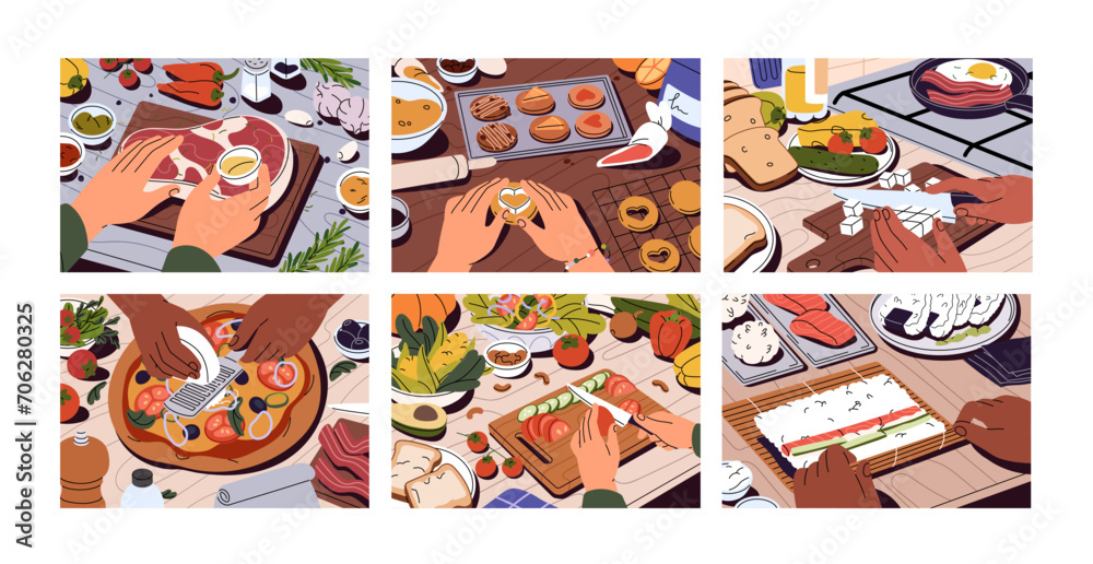 Cooking processes set. Hands cook meat, pizza, sushi top view. People baking cookies, prepare food, cut vegetable on board, grate cheese. Delicious dishes, tasty meals. Flat vector illustrations