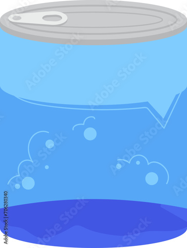 Blue soda can with transparent effect, showing bubbly liquid inside. Carbonated beverage tin design, isolated. Creative packaging design vector illustration.