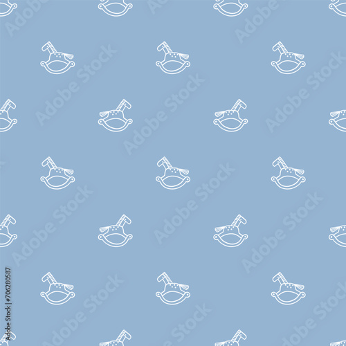 Children Wooden Toy Horse Seamless Pattern. Doodle Rocking horse Baby Blue Background. Childish wallpaper. Childhood. Vector illustration