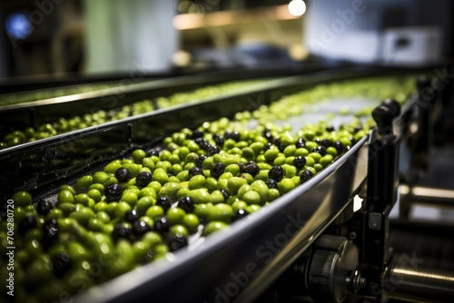 Olive oil production factory, black and green olives on conveyor belt. Agricultural cooperative making olive oil photo
