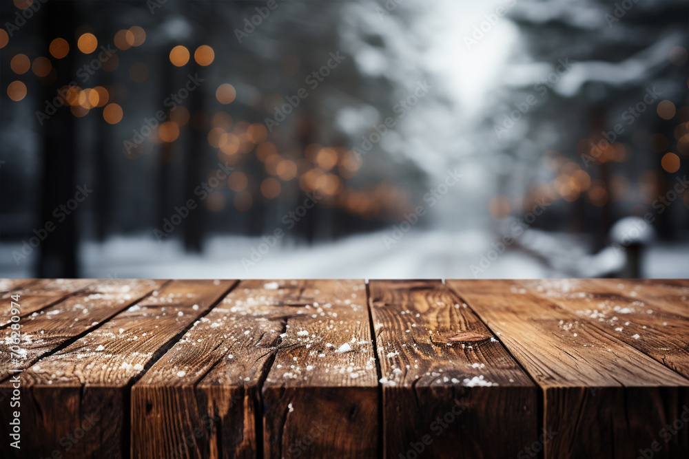 Holz Tisch Ablage im Winter mit Schnee Hintergrund (Durch AI generiert) Holz Tisch Ablage im Winter mit Schnee Hintergrund (Durch AI generiert)