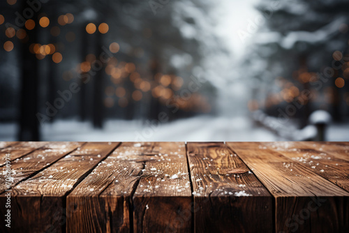 Holz Tisch Ablage im Winter mit Schnee Hintergrund (Durch AI generiert)