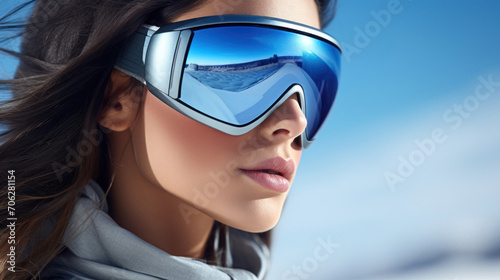 A fashion-forward woman sports modern reflective snow goggles, with a snowy mountain landscape mirrored in the visor.