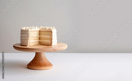 Simple design cake with white cream on a wooden cake stand. Copy space for text, advertising, message, banner.