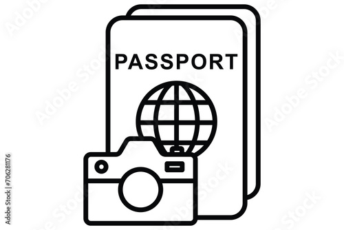 travel photography icon. camera with passport. line icon style. element illustration