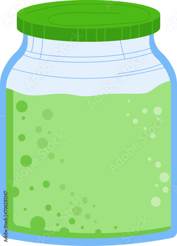 Green slime in a transparent jar with a green lid isolated on white. Cartoon style design of a slime toy container. Kids fun and creative plaything vector illustration.