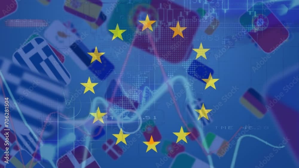 Animation of spinning stars on eu flag and data processing over eu country flag miniatures falling