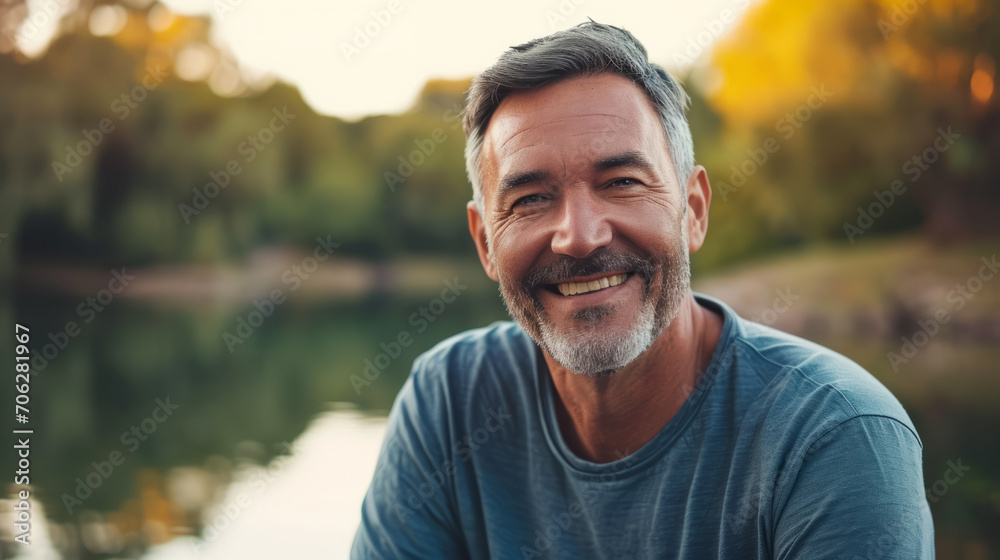 Man in his 50s who exudes happiness and a sense of feeling truly alive in a beautiful natural park near a lake, genuine smile on his face, relaxed and confident, male who found joy and contentment - obrazy, fototapety, plakaty 