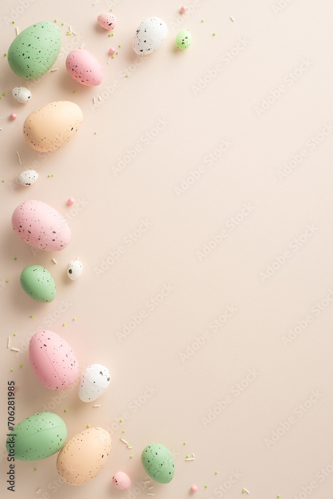 Seasonal Joy Display: Top-view vertical photo showcasing traditional Easter eggs, and scattered colorful sprinkles against a pastel beige backdrop with space for text or ads