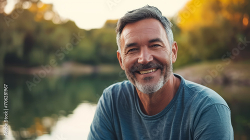 Man in his 50s who exudes happiness and a sense of feeling truly alive in a beautiful natural park near a lake, genuine smile on his face, relaxed and confident, male who found joy and contentment photo
