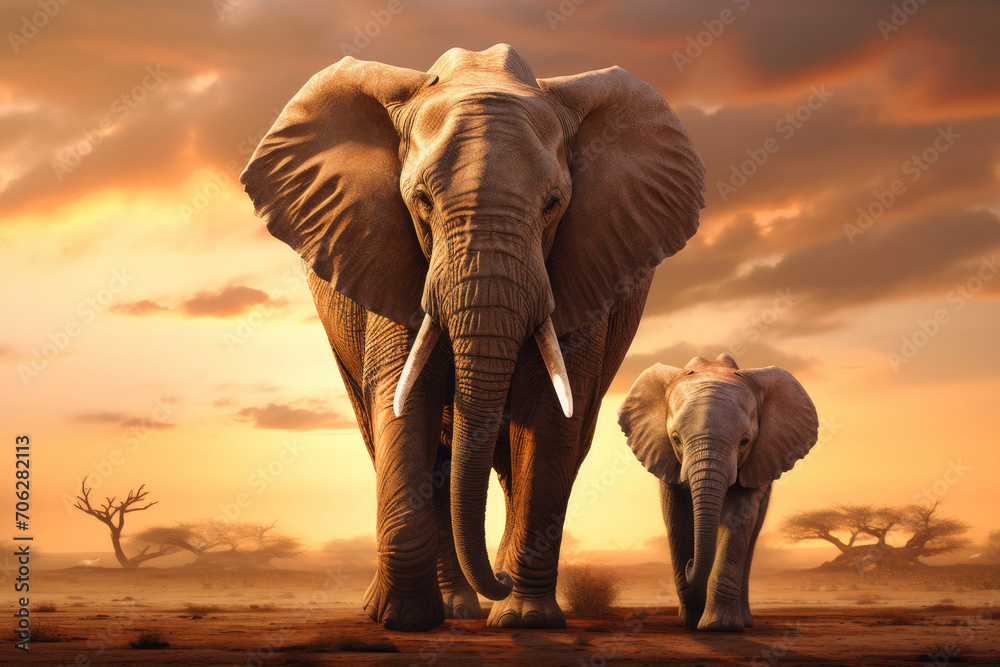 Closeup portrait elephant and child elephant on blue sky background looking down