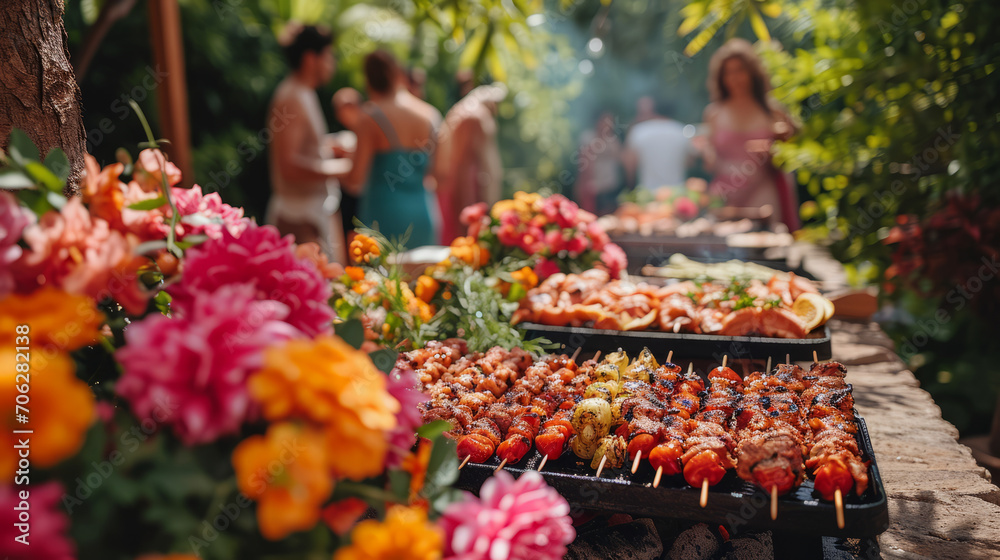 First spring bbq in a yard with skewers and vegetables on a barbecue next to blooming flowers and people in blurred background