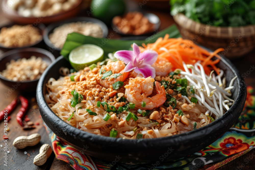 Thai cuisine showcase with in centerpiece black round plate with Pad Thai and shrimp
