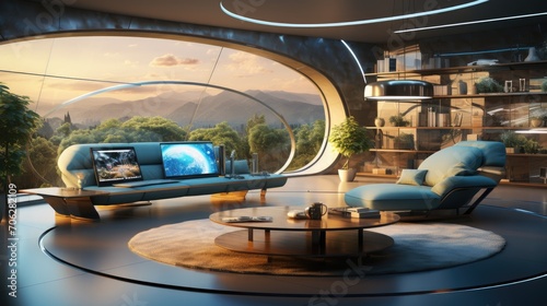 Modern Smart living room Ecosystem interior with technology maintaining connections