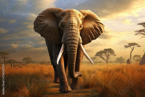 Closeup portrait elephant on blue sky background looking down © Inna