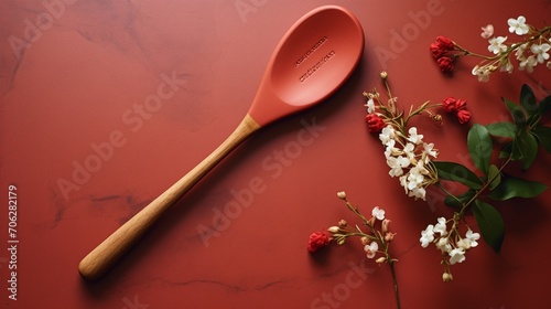 a vibrant red wooden spoon, its passionate hue adding a touch of drama and excitement to the kitchen setting, its simplicity echoing the beauty of nature.