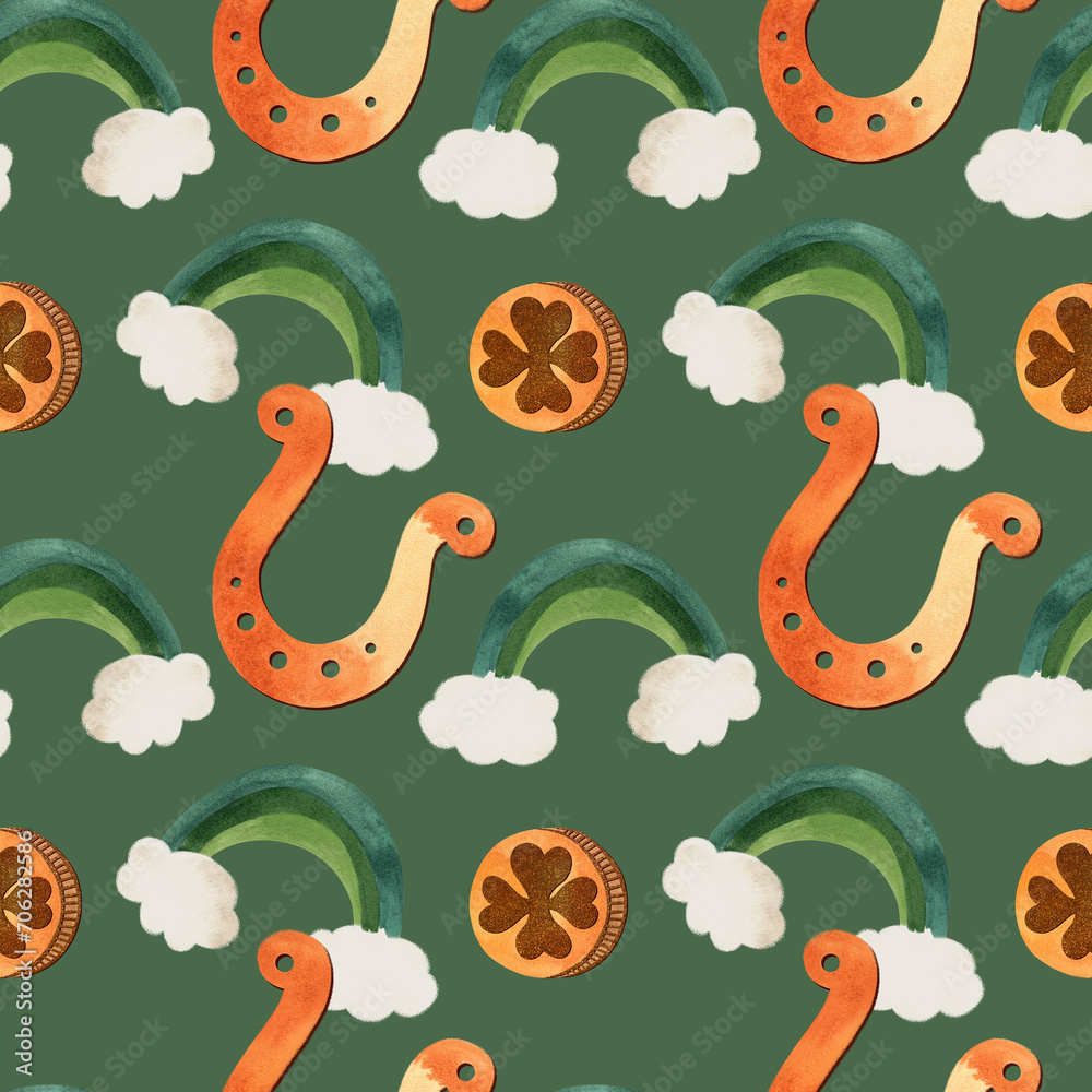 Seamless pattern with symbols of Ireland. Wrapping paper for St. Patrick's Day. Watercolor in vintage style on a green background.