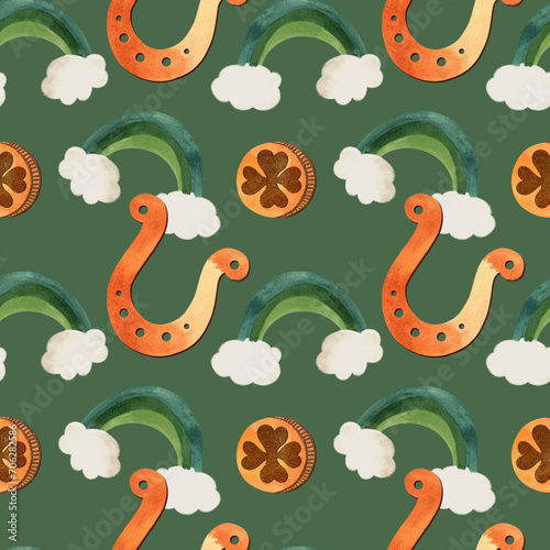 Seamless pattern with symbols of Ireland. Wrapping paper for St. Patrick's Day. Watercolor in vintage style on a green background.