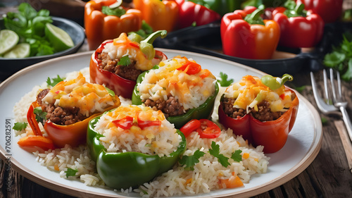 Seafood rice with cheese, stuffed peppers with rice and minced meat Grilled green pepper with cheese