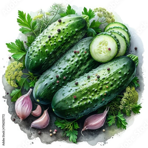 Capture the Essence of Culinary Art with Top-View Pickled Cucumbers and Spices