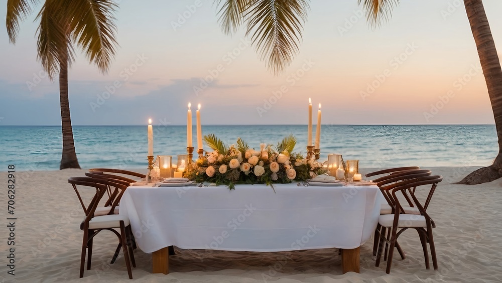 Fototapeta premium A Table Set up for a romantic meal on the beach with lanterns and chairs and flowers with palms and sky and sea in the background