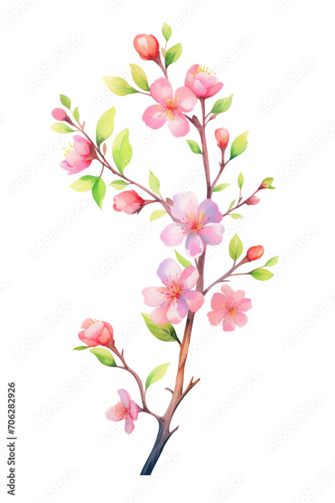 Experience the Beauty of Spring with this Watercolor Painting - Hand Drawn Pink Flowers and Green Leaves on a Branch, Capturing the Delicate and Vibrant Essence of the Season