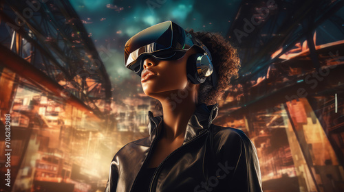 Portrait of a happy smiling passionate African American black woman person wearing virtual reality headset.