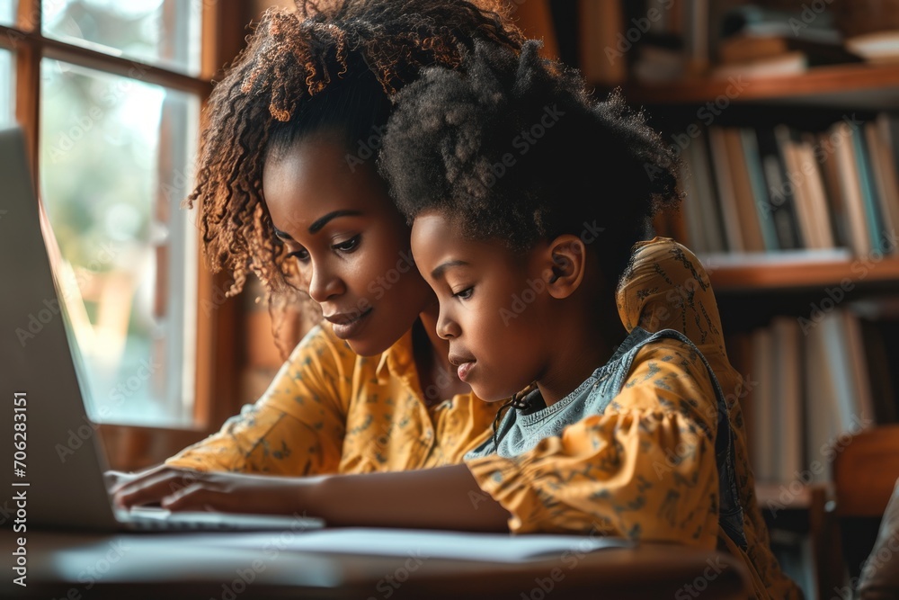 Young beautiful African American mother helping her little preschool daughter learn how to use a computer. Adorable mom and cute child read, play and learn using laptop at home.