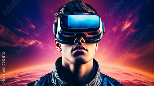 Portrait of a happy smiling enthusiastic Caucasian guy man person in a virtual reality headset. © ALA
