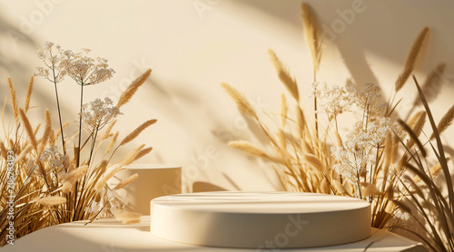 Beige minimalistic pedestal with dry grass in the background and shade from the sun.