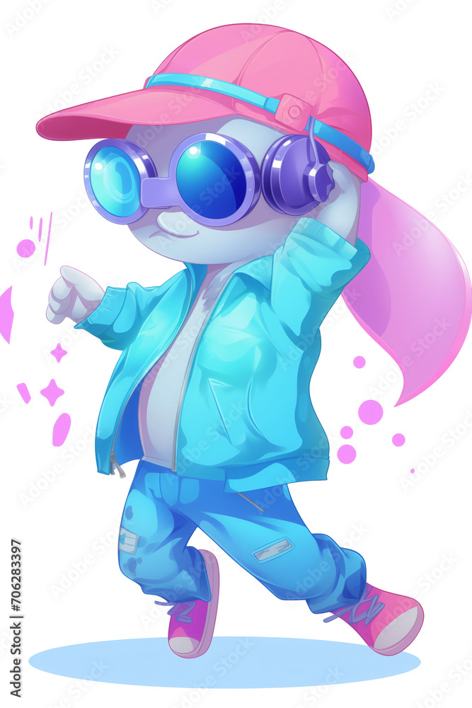 Obraz premium Join the Fun with this Cute Animated Character in a Pink Cap and Blue Jacket - Dancing with Style, Wearing Sunglasses, and Enjoying Music in a World of Joy and Happiness