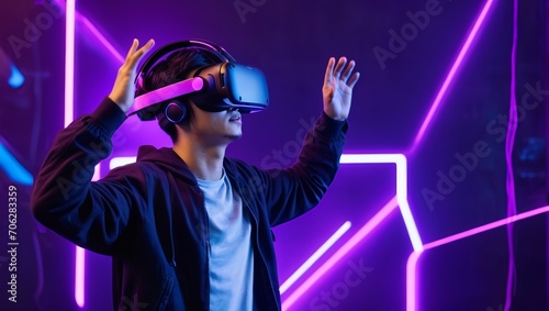 Boy wearing VR headset enjoy playing video games and levitating in the air on a futuristic purple cyberpunk neon light 