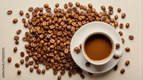 top view coffee cup on table with coffee bean