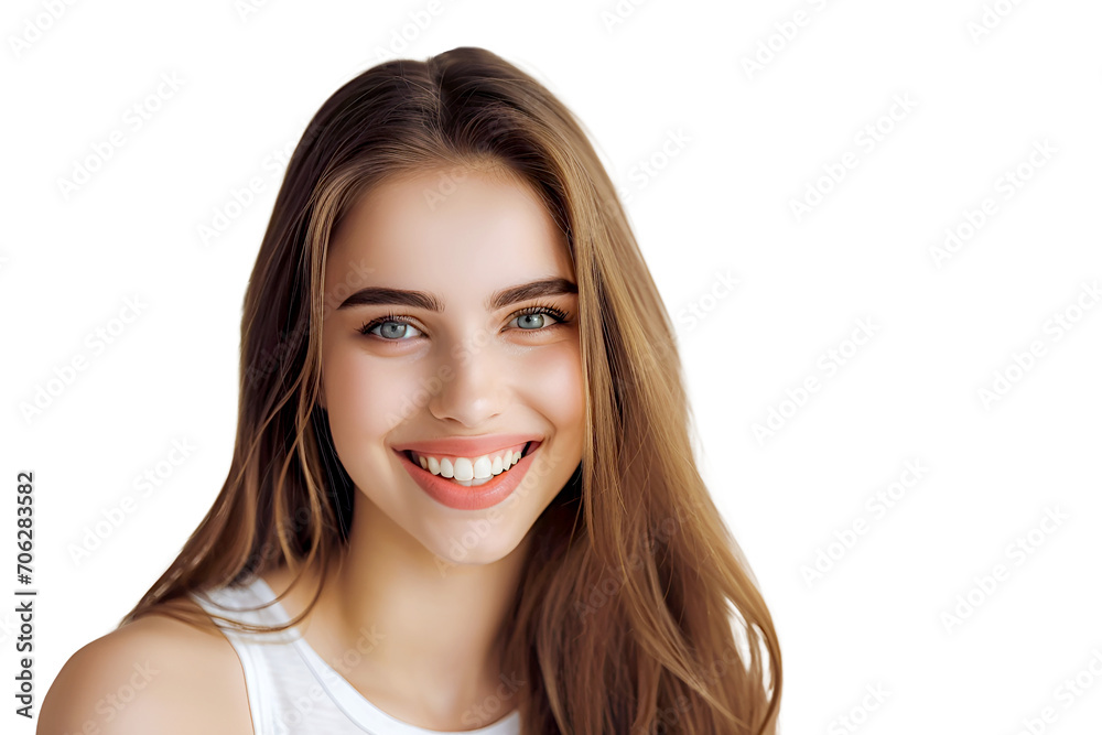 Close up 20s european student girl with short blond hair and white dental smile on transparent Close up 20s european student girl with short blond hair and white dental smile on transparent