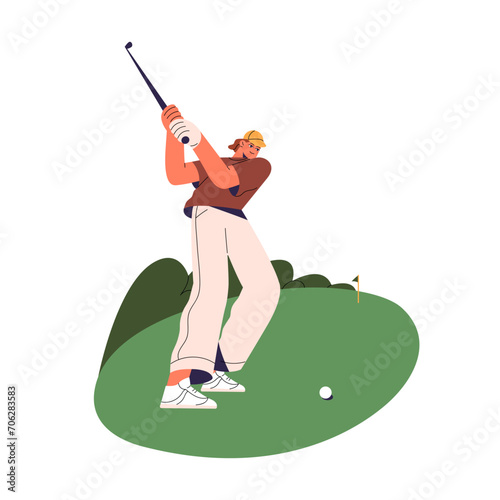 Golf player swings to hit, strike golfball with putter. Professional golfer training strokes on field. Young woman play club and ball sport game. Flat isolated vector illustration on white background