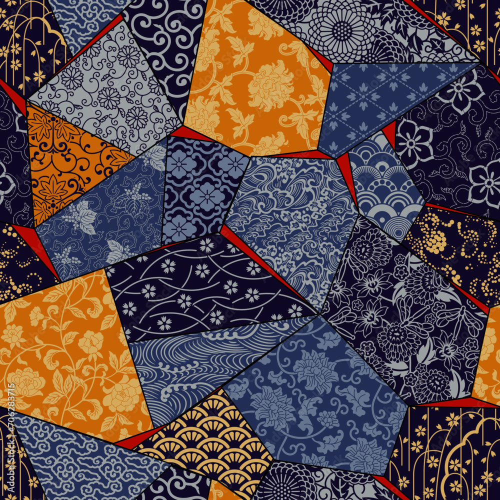 Japanese style traditional fabric patchwork wallpaper abstract floral vector seamless pattern for shirt fabric wrapping carpet rug tablecloth pillow Japanese style traditional fabric patchwork wallpaper abstract floral vector seamless pattern for shirt fabric wrapping carpet rug tablecloth pillow