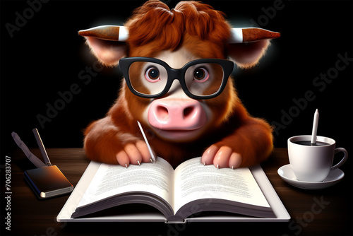 3D cartoon cute cow reading and writing photo