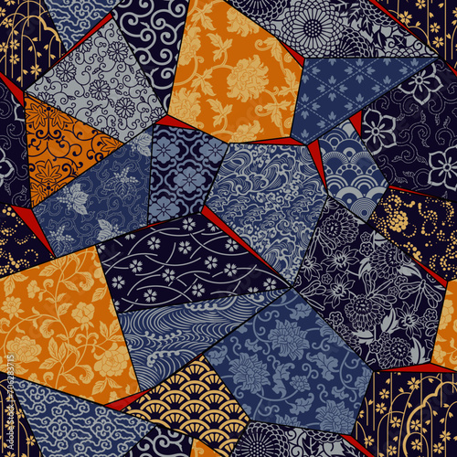 Japanese style traditional  fabric patchwork wallpaper abstract floral vector seamless pattern for shirt fabric wrapping carpet rug tablecloth pillow