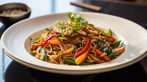a visually striking display of stir-fried noodles and colorful vegetables, artfully arranged on a pristine white plate.