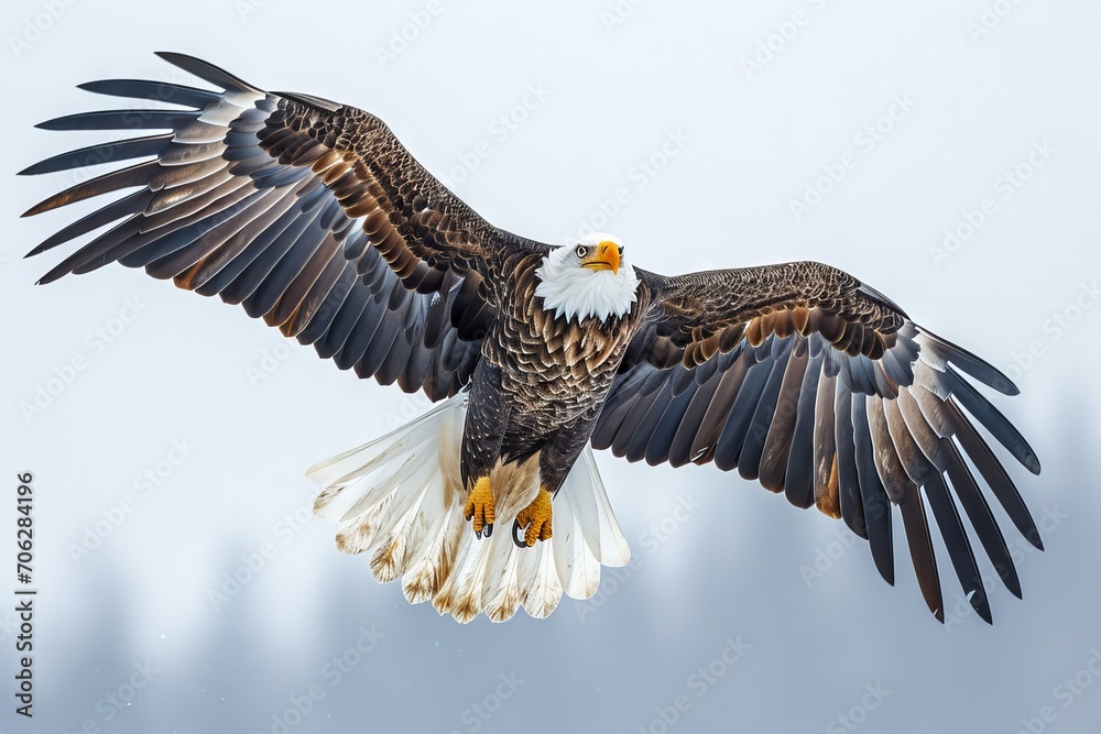 Fototapeta premium Majestic Bald Eagle Soaring Gracefully Over a Wintry Landscape in Broad Daylight