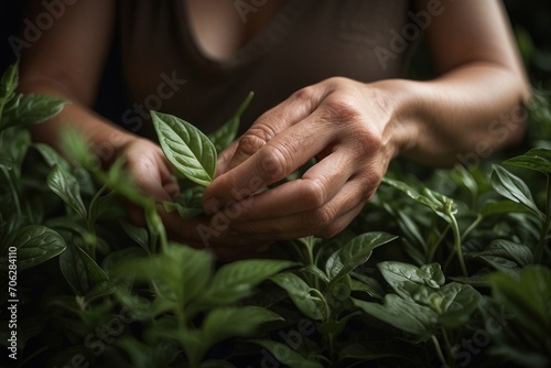 Close-up shot of hand picking tea leaves