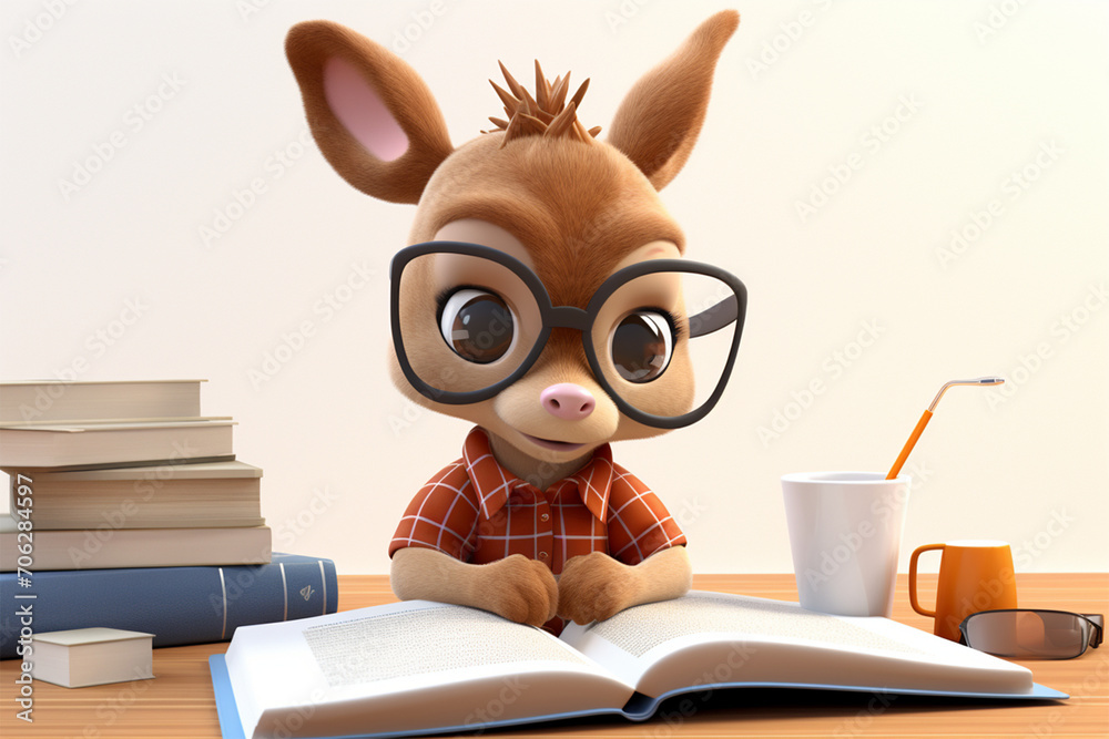3D cartoon cute deer reading and writing