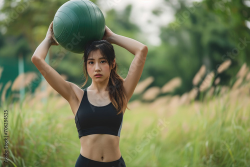 young Asian woman exercises with ball, weight or training cardio fitness