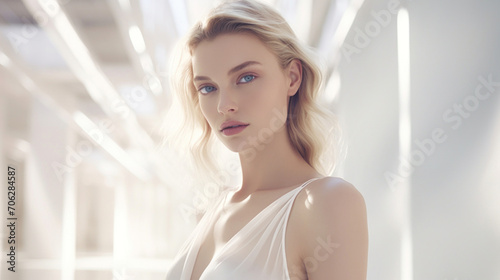 A blonde woman with an ethereal glow stands in a modern, airy space, surrounded by soft light and clear lines.